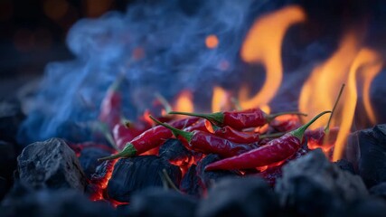 180Artistic still life of red chili peppers surrounded by swirling smoke and glowing coals, capturing essence of spice and energy