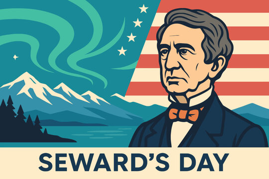 William seward and alaskan landscape with northern lights and american flag