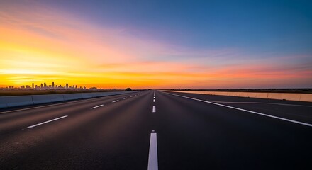 Fototapeta premium Highway leading to city skyline at sunset with vibrant sky colors