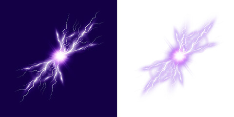 Intense purple electric burst with branching lightning arcs and a bright glowing core on a transparent background, perfect for PNG overlays, energy effects, sci-fi visuals and dynamic designs. © Olga