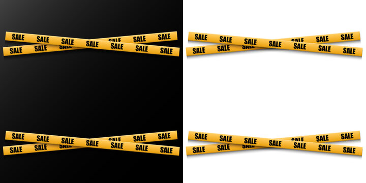 Yellow sale warning tape with bold black text arranged in crossed strips on transparent background, ideal for PNG overlays, discount banners, promotional ads and attention-grabbing sale designs.