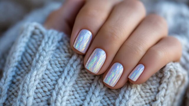 188Macro image of pearlescent white nails with hints of metallic undertones, smooth and reflective surfaces, soft blurred background emphasizing elegance