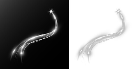 Glowing light trail with bright sparkling streaks and soft luminous curves on transparent background, perfect for PNG overlays, magical highlights, motion effects and elegant decorative design.