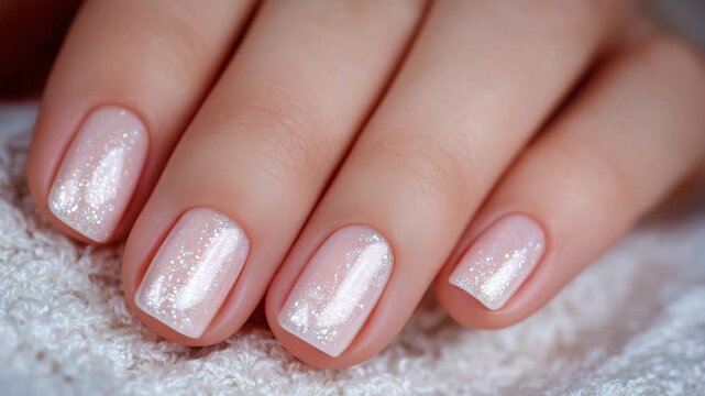 190Elegant manicured nails in pearlescent ivory, macro focus on cuticles and nail curvature, subtle sparkles creating refined beauty aesthetic