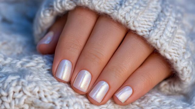 191Macro image of pearlescent white nails with hints of metallic undertones, smooth and reflective surfaces, soft blurred background emphasizing elegance