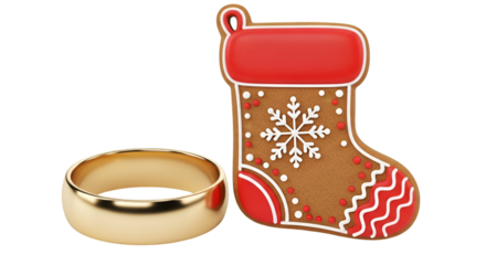 Gold Wedding Ring and Christmas Stocking Cookie holiday