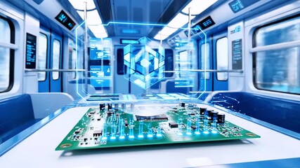 Circuit board in a futuristic train car with digital overlays and city skyline - Powered by Adobe