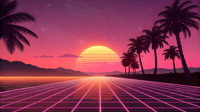 Retro synthwave sunset with neon grid and magenta-orange sky.