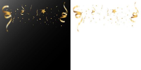Golden festive confetti and curling metallic ribbons with scattered stars on transparent background PNG.