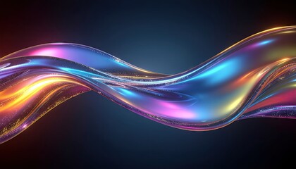 Abstract flowing ribbon of shimmering light particles in vibrant hues of blue purple and orange against a dark background with a dynamic wave motion
