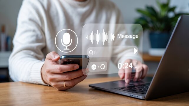 Individual uses mobile device displaying voice message interface while working near a portable computer