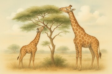 Obraz premium Uplifted Giraffes Stretching Towards Lush Green Tree Highlighting Safari Habitat and Nature Interconnection captured with clarity