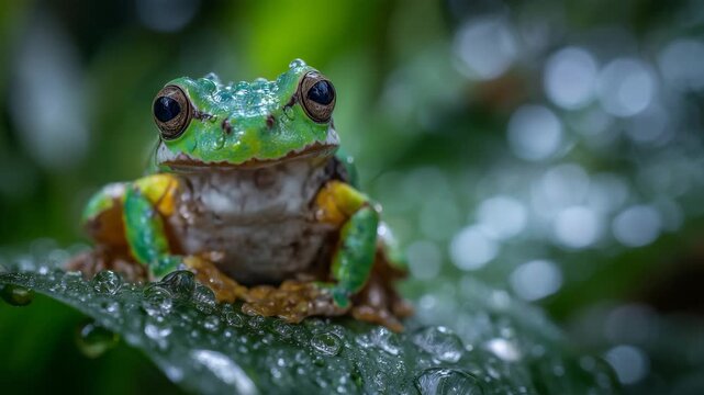 198Macro shot of a vibrant green tree frog perched on a wet leaf, intricate skin texture and glistening eyes in sharp focus, natural sunlight highlighting its vivid colors