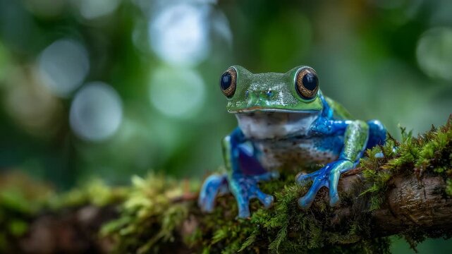 206Macro shot of a neon green and blue frog perched on a mossy branch, detailed close-up of moist skin and bright eyes, background bokeh highlighting natural jungle environment