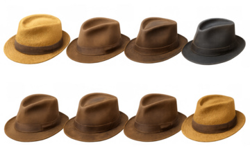 Vintage fedora hats in various colors for classic fashion, style, accessory, and historical clothing concepts, transparent background