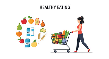 Healthy eating concept shows a woman with a grocery cart full of fresh produce next to an icon set of nutritious foods.