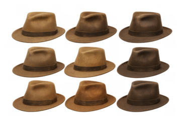 Fedoras collection in various brown shades, vintage style felt hats as fashionable headwear accessories on transparent background