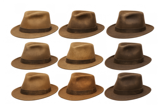 Fedoras collection in various brown shades, vintage style felt hats as fashionable headwear accessories on transparent background