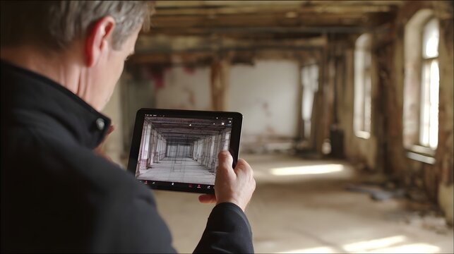 
Architect scanning a building with an iPad to create a 3D model. Concept: architectural scanning, 3D modeling, building analysis, digital construction tools, material recognition, modern design techn - Powered by Adobe