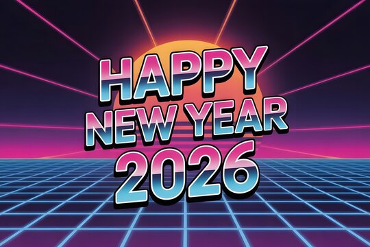 Retro 80s Synthwave Happy New Year 2026 Digital Art