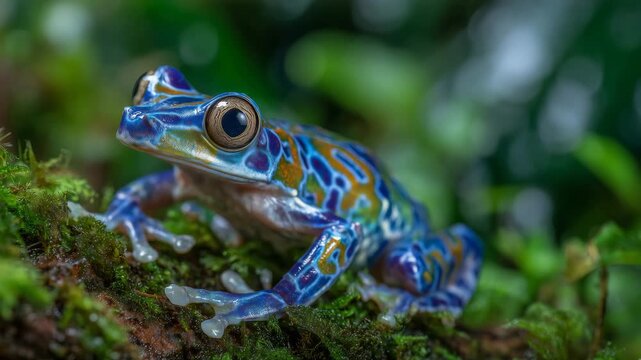 204Close-up of a brightly colored rainforest frog with intricate patterns on its back, high-resolution detail on eyes and skin texture, nature stock image quality