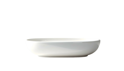 Simple white ceramic bowl casting soft shadow on a black backdrop