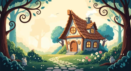 Fototapete Märchenwelt Charming fairytale cottage with a smoking chimney is nestled in a magical sunlit forest surrounded by cute animals and flowers.  © Mehnaz