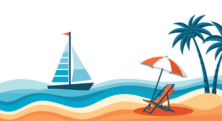 Beautiful summer beach scene with a sailboat on the wavy ocean a relaxing deck chair and palm trees on the sandy shore.
