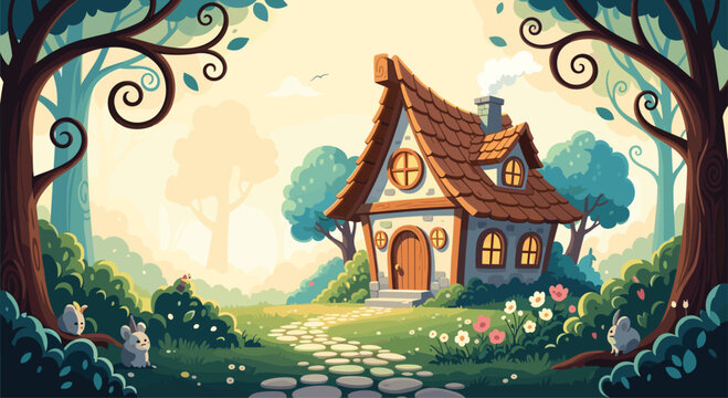 Charming fairytale cottage with a smoking chimney is nestled in a magical sunlit forest surrounded by cute animals and flowers.