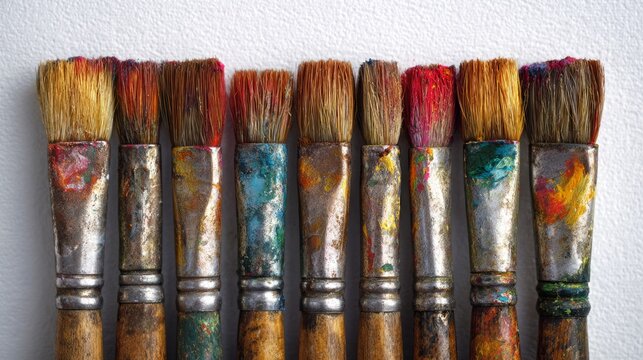Artist paintbrushes showing texture and vibrant color with bristles stained from creative painting activity creating art - Powered by Adobe