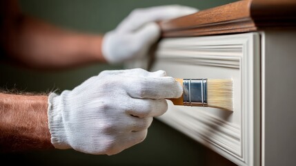 Hand in gloves applying white paint with a brush on furniture, renovating wood cabinet, home improvement diy project