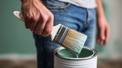 Hand dipping paint brush into can of mint green paint, preparing for home renovation and diy project