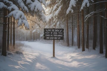 Snow covered forest path with a sign winter