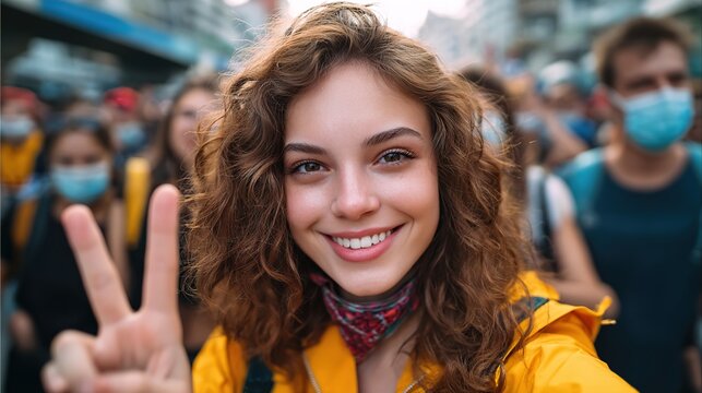 Smiling young woman with curly hair flashing peace sign at a crowded social event.