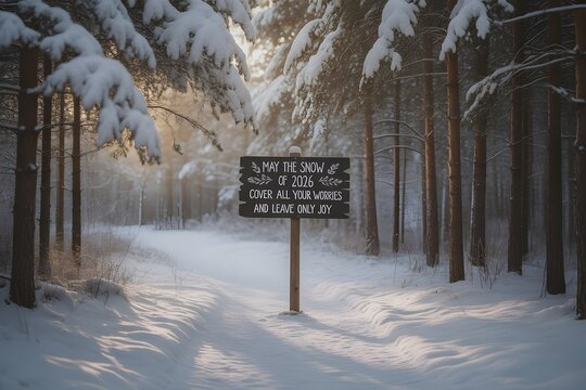 Snow covered forest path with a sign winter
