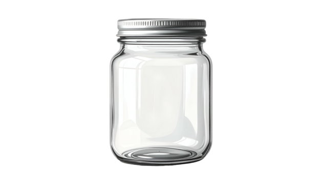 Empty clear glass jar with silver ribbed lid, centered