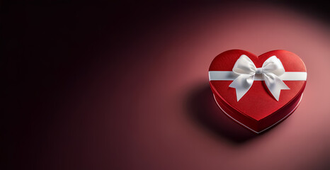 Pacchetto regalo a forma di cuore in tessuto rosso con fiocco in seta bianco di sfondo tinta unita abbinato