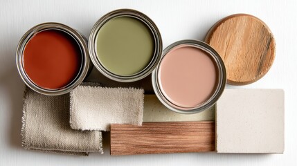 Interior design planning with paint pots and material samples showcasing color and texture for home renovation