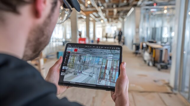 
Architect scanning a building with an iPad to create a 3D model. Concept: architectural scanning, 3D modeling, building analysis, digital construction tools, material recognition, modern design techn
