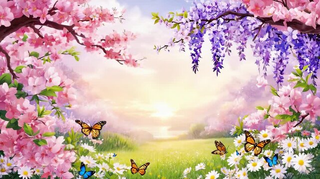 Painted in watercolor picturesque summer scene with blossoming tree branches. Green meadow with white daisies and wildflowers and fluttering butterflies. Lightness, harmony with nature, warm sunny day
