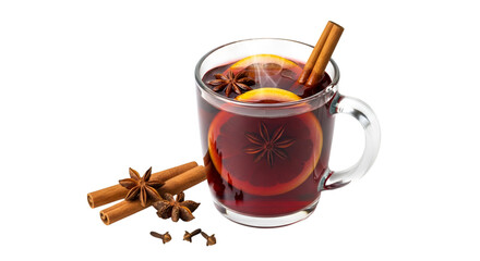 Mulled Wine in Glass Mug with Spices Isolated on Black