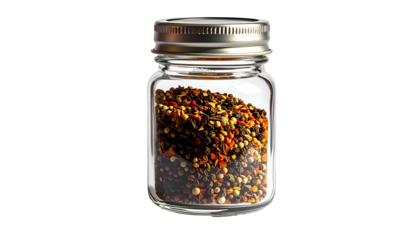 Pepper blend inside small glass jar with a silver lid on black