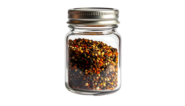 Pepper blend inside small glass jar with a silver lid on black