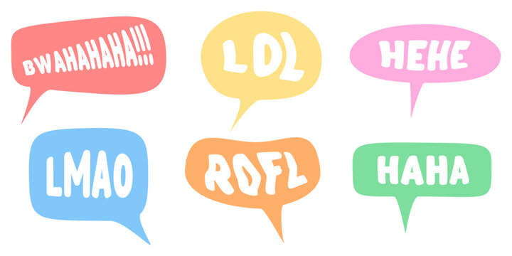 Laughing speech bubbles set. Cute chat balloons with text Bwahaha, LOL, Hehe, Lmao, Rofl, and Haha. Social media reaction, slang acronyms, and humor concept. Vector&nbsp;illustration.