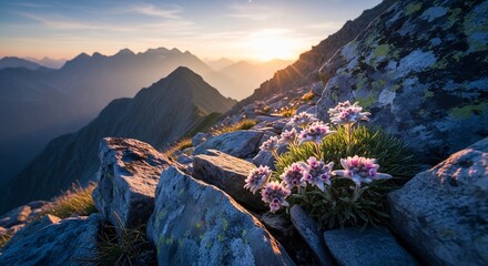 Edelweiss Flowers at Sunrise in the Alps Mountains.
