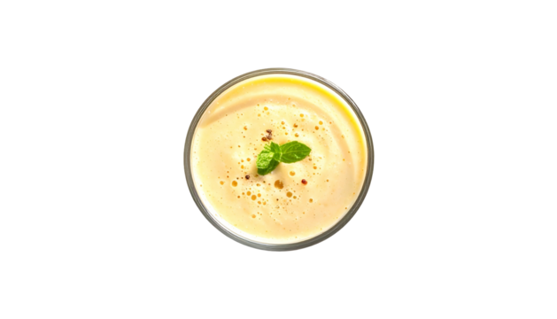 Creamy soup in glass, garnished with herb, red pepper, view from above