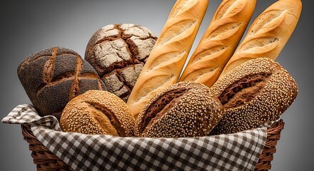 Freshly baked artisan bread assortment in a rustic basket