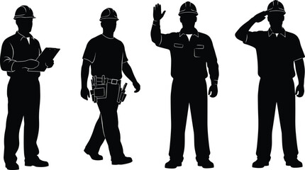 Set of construction worker silhouettes including supervisor with clipboard, laborer with tool belt and engineers waving, isolated vector illustration.