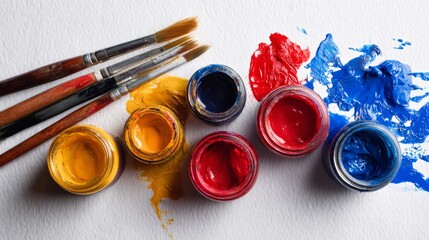 Art supplies on paper featuring paint jars and brushes, visualizing creativity, painting, and primary colors