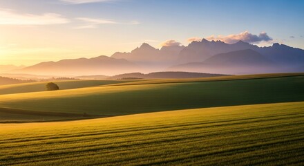 Golden Fields and Majestic Mountains - A Serene Landscape at Sunrise.
